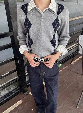 老钱风灰色菱格提花polo领针织衫男冬季miu系慵懒松弛感毛衣外套