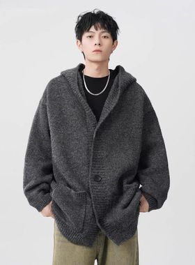 高级感cleanfit灰色开衫外套男秋冬季潮宽松慵懒风针织衫帽衫毛衣