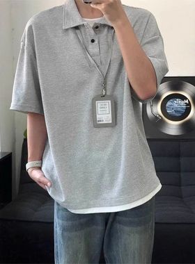 假两件拼接浅灰色POLO衫男款夏季高级感cleanfit短袖设计感半截袖