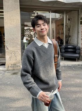 灰色假两件小V领毛衣男款秋冬高级感慵懒针织衫老钱风内搭POLO衫