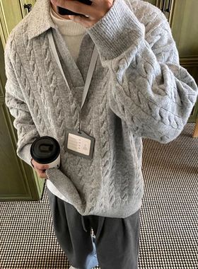 灰色假两件不起球毛衣男款冬季慵懒高级感韩系穿搭v领内搭针织衫
