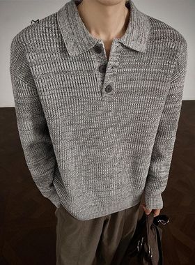 灰色老钱风polo领毛衣男款冬季cleanfit痞帅高级感宽松套头针织衫