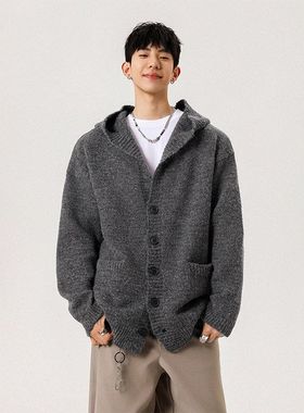 重磅深灰色针织开衫毛衣男女秋冬潮cleanfit百搭慵懒加厚连帽外套