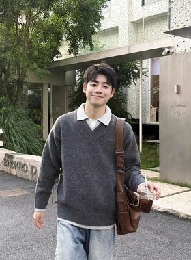 灰色假两件毛衣男生羊毛翻领秋冬季加厚内搭高级感慵懒针织衫新款