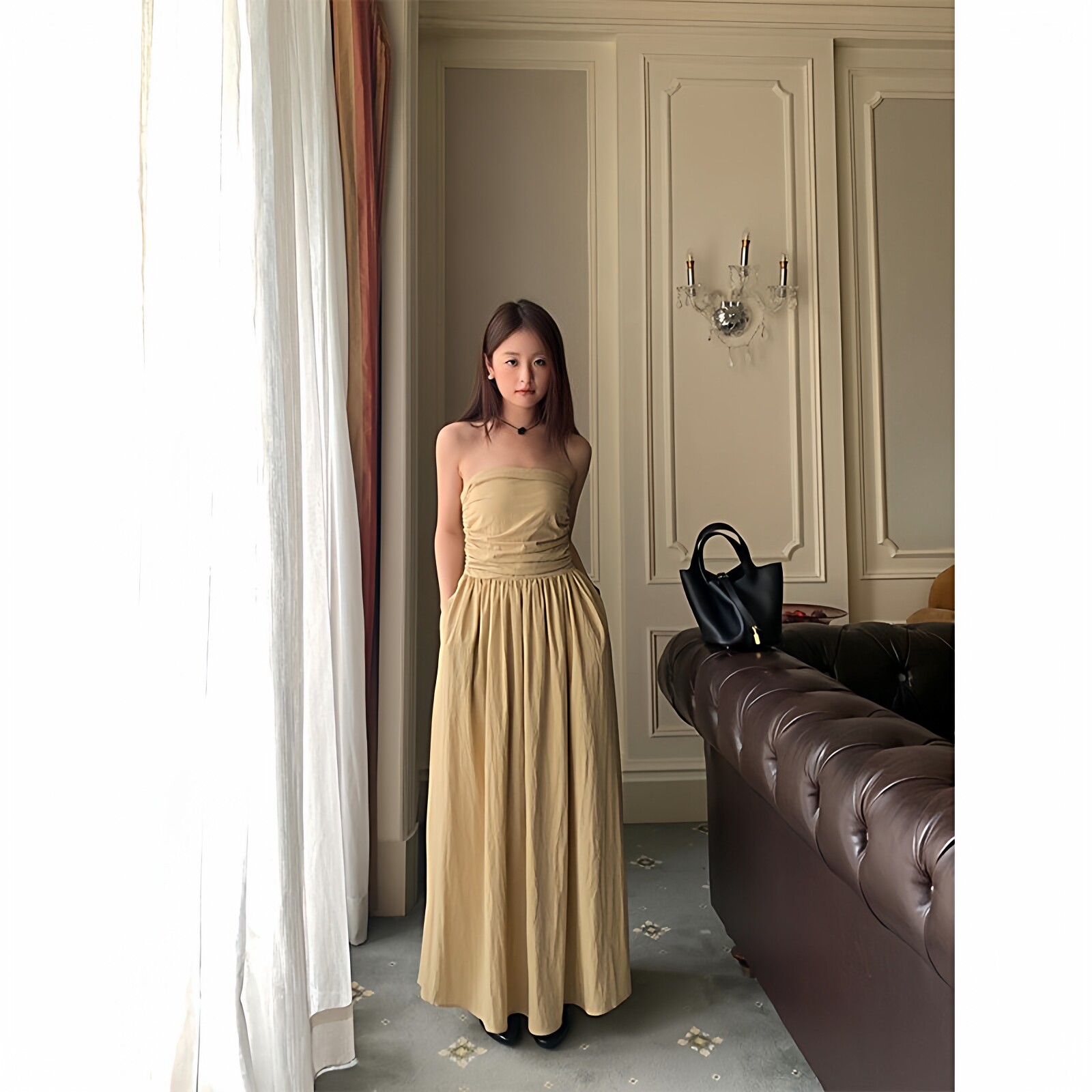 褶皱2025显瘦裙子黄峥抹胸连衣裙辣妹风收腰142LH281中长款夏季女