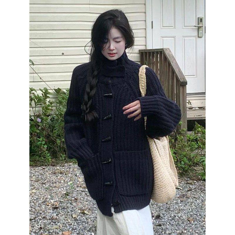 高领扣风秋冬季通勤风针织开衫套头毛衣慵懒百搭韩系雪尼尔女牛角