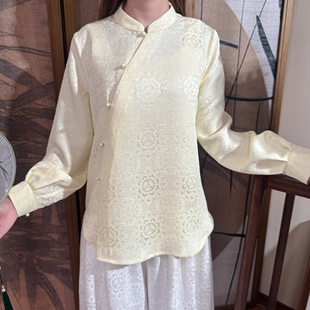 三兔共耳斜襟立领上衣淡黄色桑蚕丝2025秋季新款日常百搭新中式