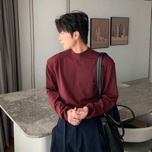 T恤 宽松百搭上衣长袖 Hualun男生衣服小高领纯色内搭打底衫 男韩版