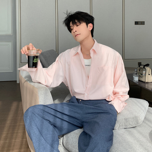 Hualun男款粉色条纹衬衫男长袖百搭宽松秋季衬衣cleanfit韩系上衣