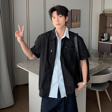 Hualun夏季短袖纯棉衬衫男款痞帅风衣服韩版休闲衬衣潮牌宽松上衣