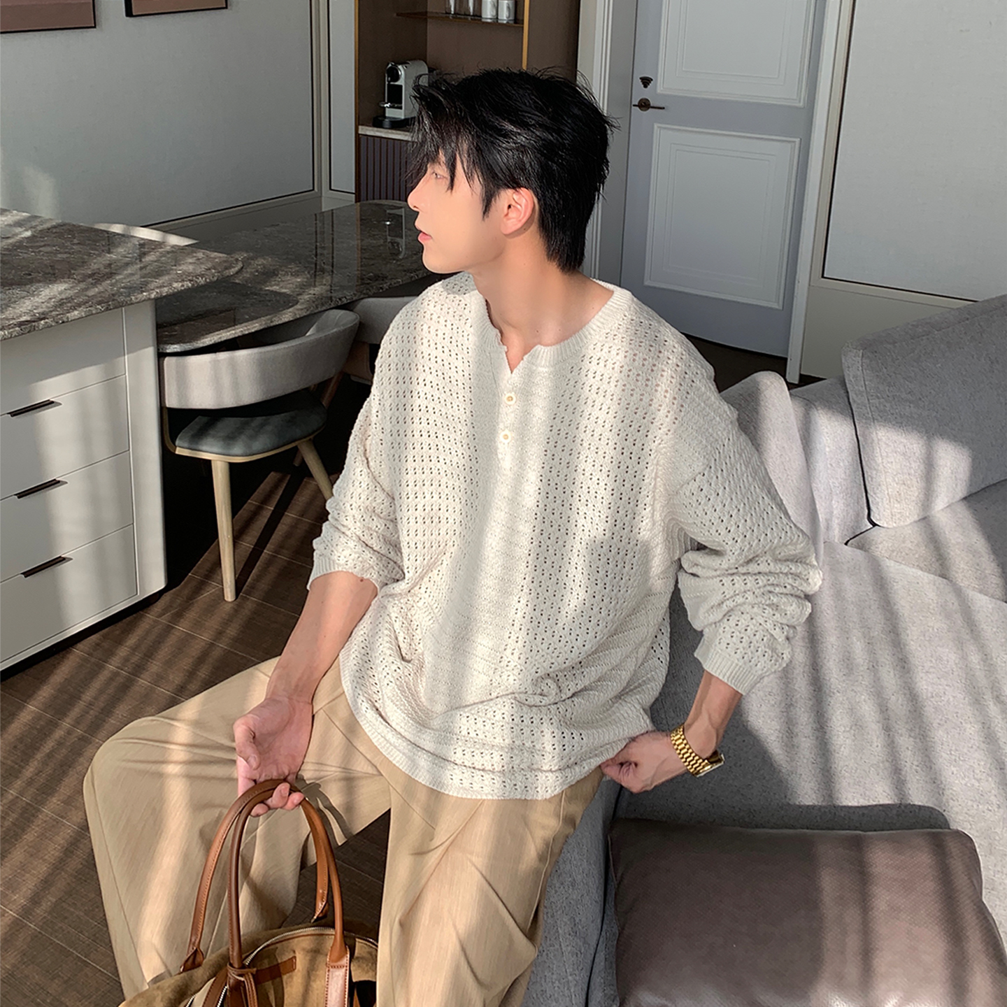 Hualun针织衫亨利领毛衣男