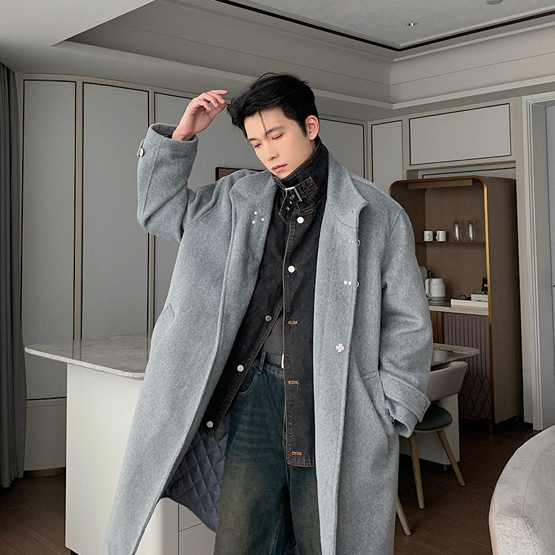 Hualun秋冬高级感假两件外套毛呢大衣男款冬季中长款过膝呢子风衣,男装,毛呢大衣,淘宝优惠券,粉丝福利购,淘宝优惠卷