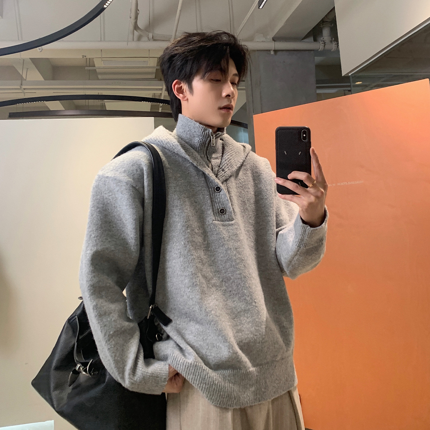 Hualun假两件连帽针织衫情侣毛衣