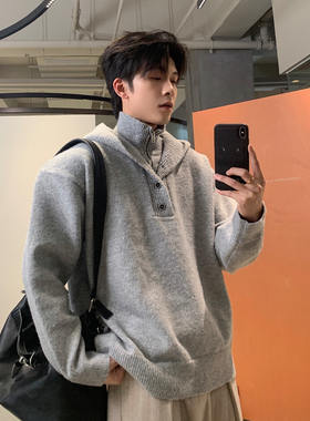 Hualun秋冬高领假两件连帽针织衫情侣毛衣男士韩版保暖内搭上衣男