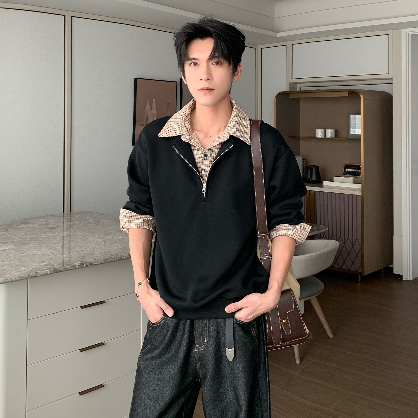 Hualun春季半拉链套头卫衣男生衬衫领假两件上衣cleanfit韩版衣服