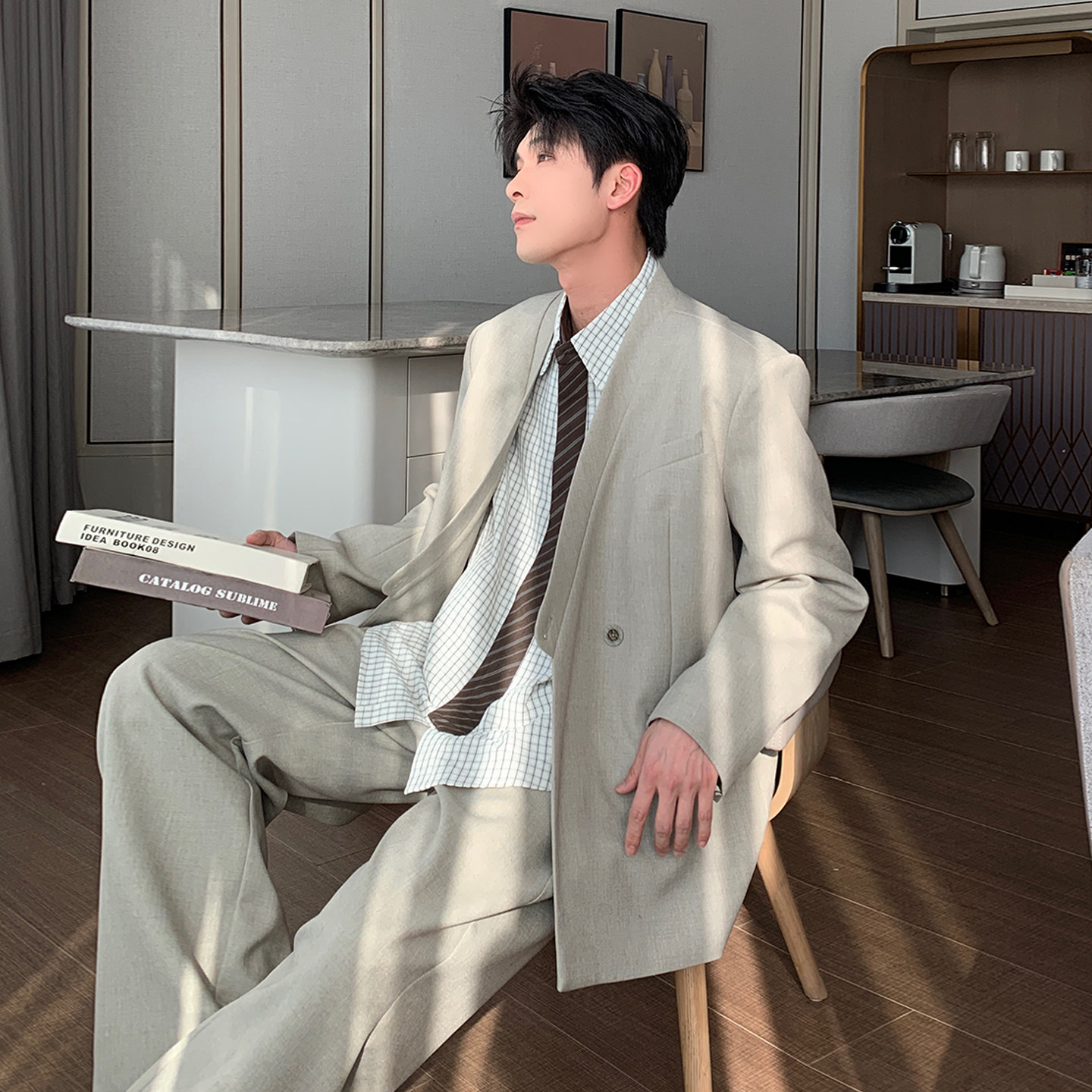 Hualun男生宽肩西服高级感痞帅西装套装男款韩版宽松休闲一套搭配