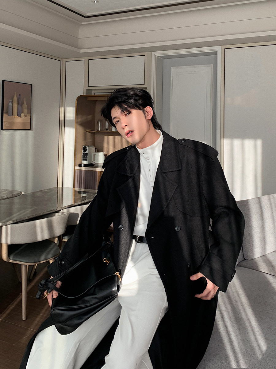 HUALUN MENS SUPER GOOD LOOKING TRENCH COAT AUTUMN WINTER MENS LONG COAT JACKET MENS KOREAN DOUBLE-BREASTED OVER-THE-KNEE COAT