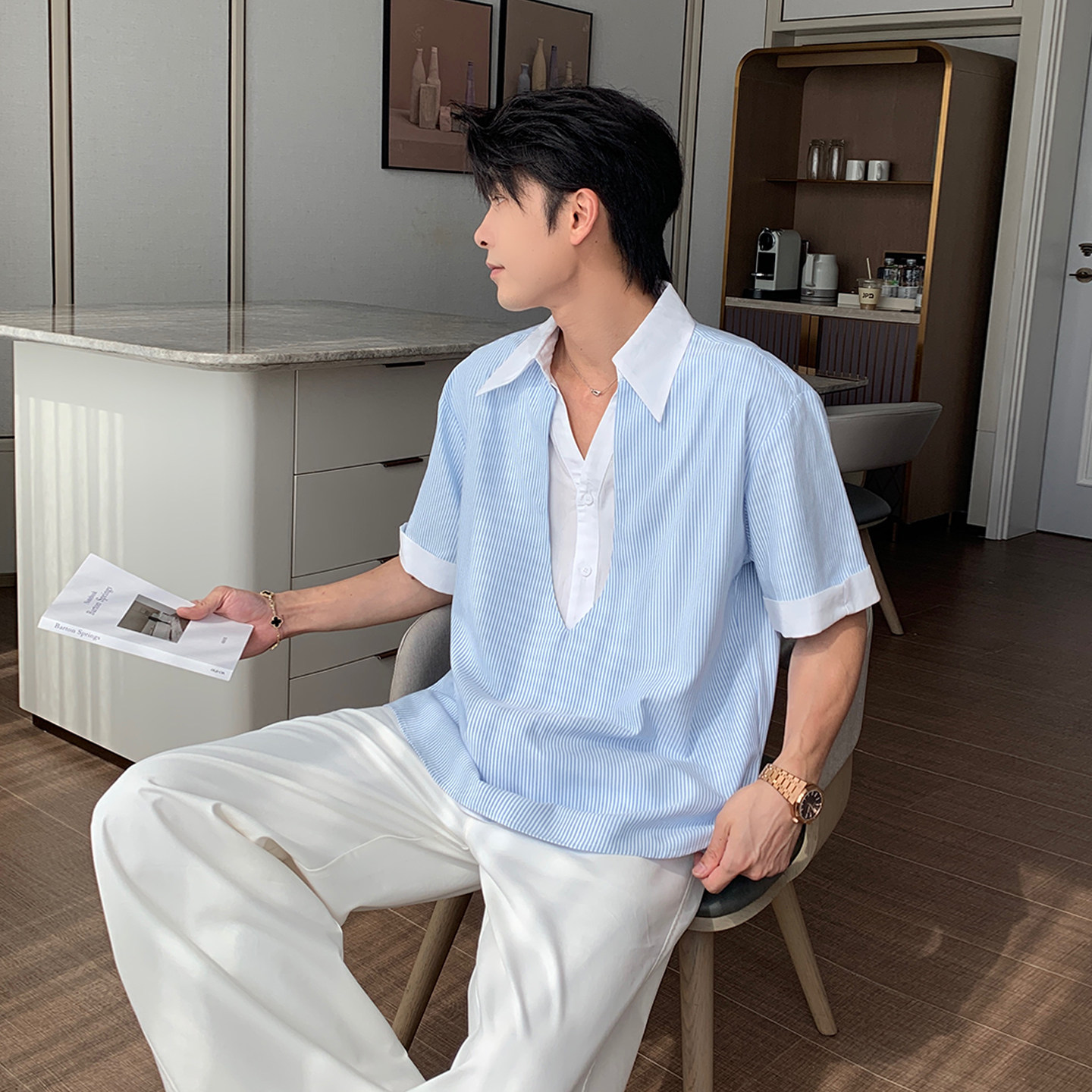 HLDS夏季条纹假两件上衣套头衬衫男生宽松短袖衬衣夏天超好看衣服