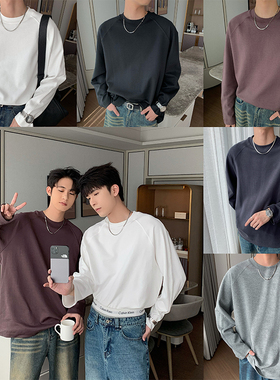 Hualun秋冬重磅圆领t恤男长袖韩版纯色打底衫上衣休闲内搭体恤衫