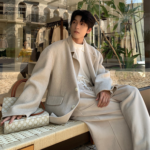 Hualun秋冬双面羊毛呢子大衣男短款 外套韩系保暖宽松上衣 毛呢西装