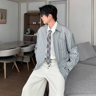外套韩版 长袖 休闲衬衣男 男款 Hualun人夫感穿搭日系条纹肌理衬衫