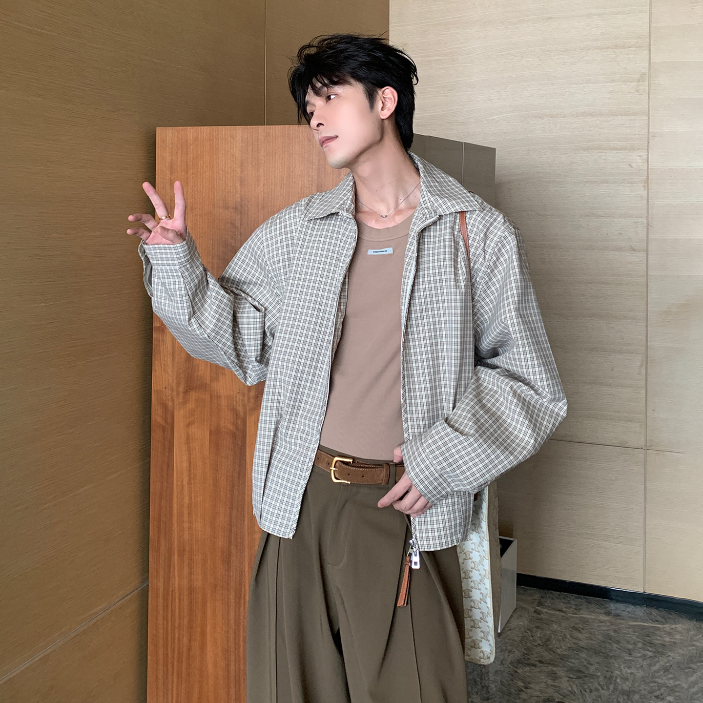 Hualun秋春miu系格子夹克