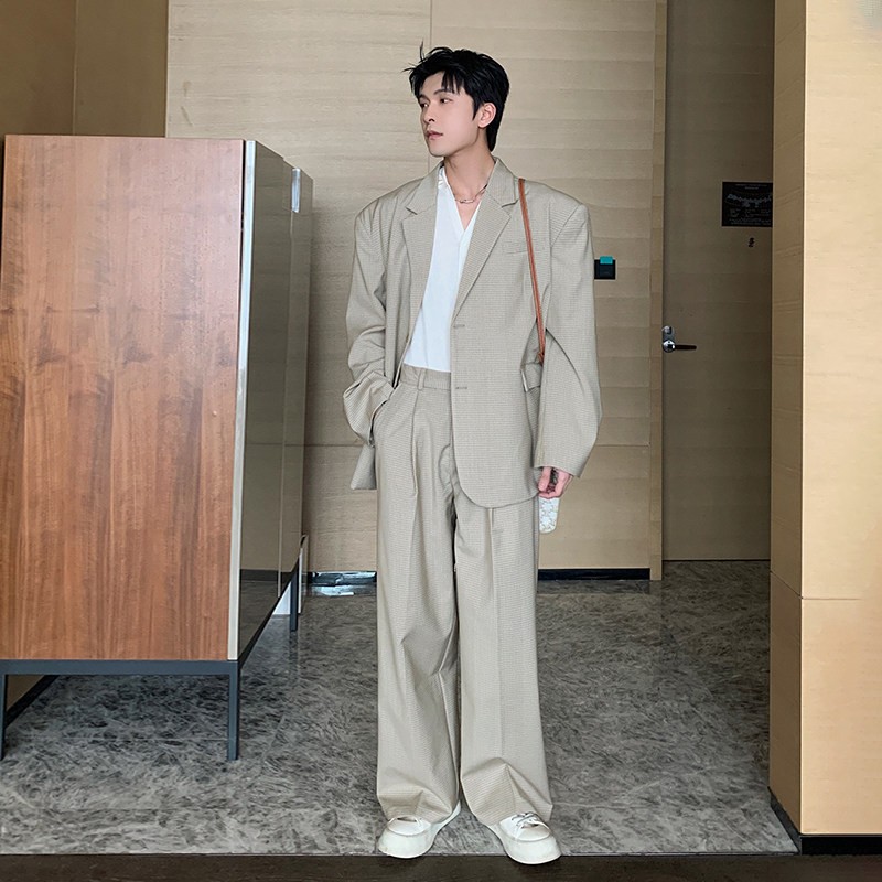 Hualun春季格子西服套装男图片