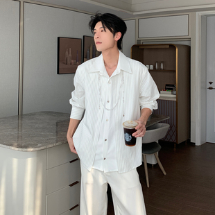 Hualun条纹衬衫男生韩版高级感痞帅长袖衬衣春秋季假两件休闲上衣