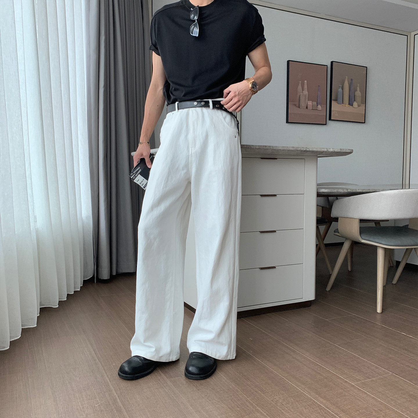 HLDS夏季薄款裤子凉感莱赛尔白色牛仔裤男款直筒裤韩版宽松阔腿裤