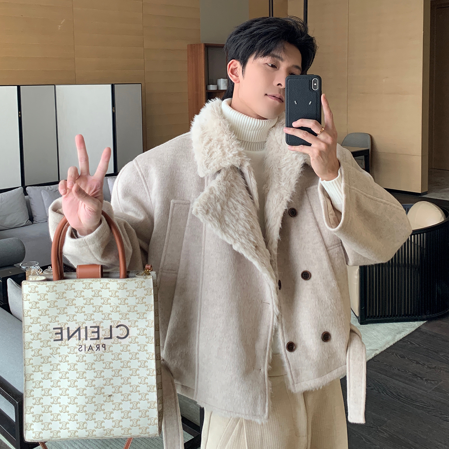 Hualun呢料含羊毛夹克棉服男座山雕棉衣男装韩版痞帅保暖夹棉外套