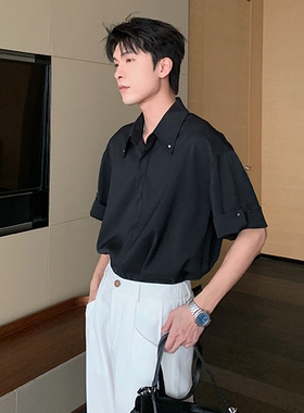 Hualun夏季凉感短袖上衣男免烫肌理感衬衫男款潮流宽松痞帅衬衣