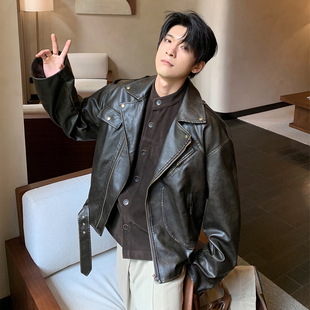 Hualun黑色机车皮衣外套男生痞帅风翻领PU皮夹克韩版 潮流炸街上衣