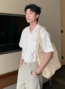 Hualun夏季超好看上衣透气镂空花衬衫男生短袖高级感痞帅衬衣男款