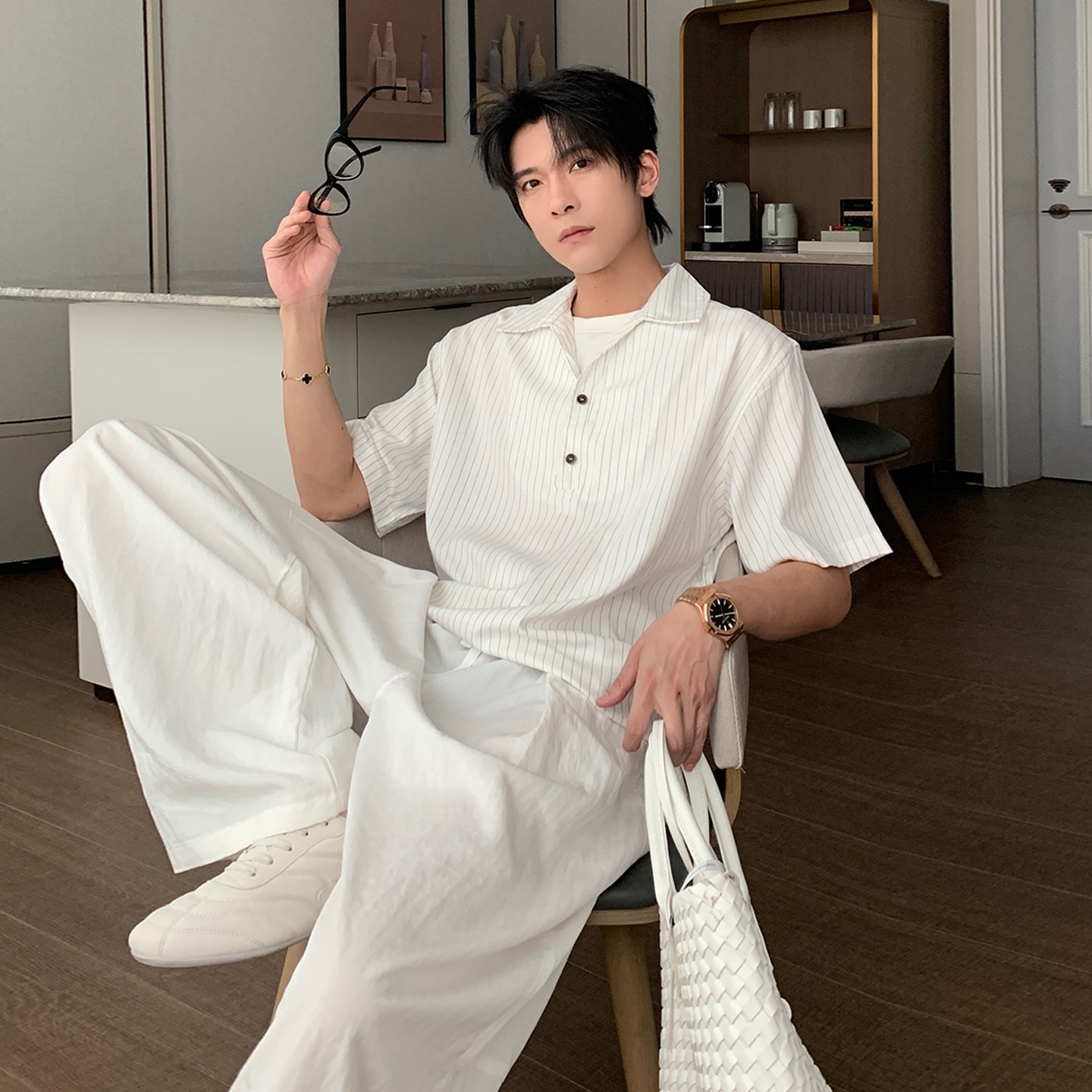 Hualun夏季假两件上衣男生短袖条纹透气亚麻衬衫男装下摆抽绳衬衣