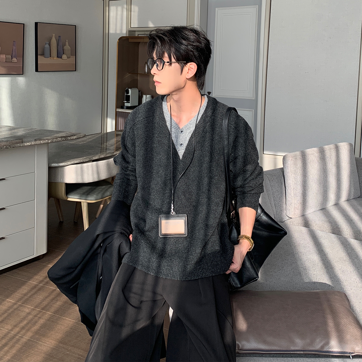 Hualun男士超好看假两件针织衫男毛衣男款cleanfit韩版内搭打底衫