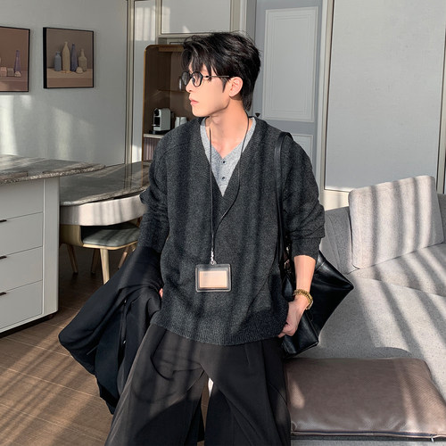 Hualun男士超好看假两件针织衫男