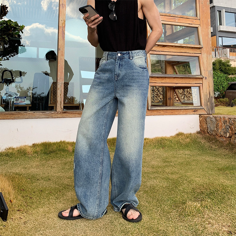 Hualun夏季蓝色牛仔裤男2025新款潮牌痞帅宽松裤子韩版直筒阔腿裤