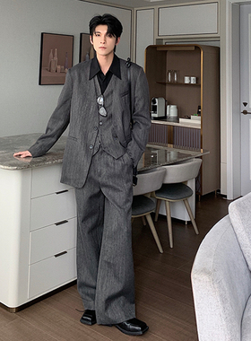 Hualun中范cultum绅士男装灰色西装套装三件套搭配老钱风痞帅西服