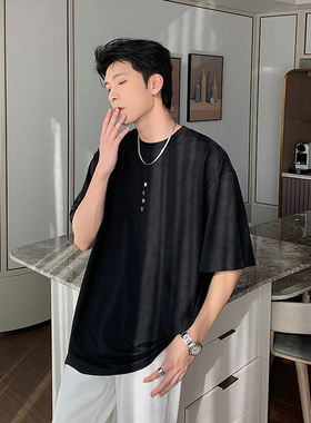 Hualun黑色短袖男生夏季纯棉重磅宽松纯色T恤ins潮牌百搭体恤上衣