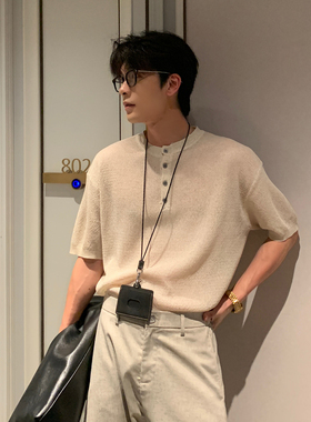 Hualun夏季凉感薄款亚麻短袖T恤男款针织上衣男毛衣cleanfit体恤