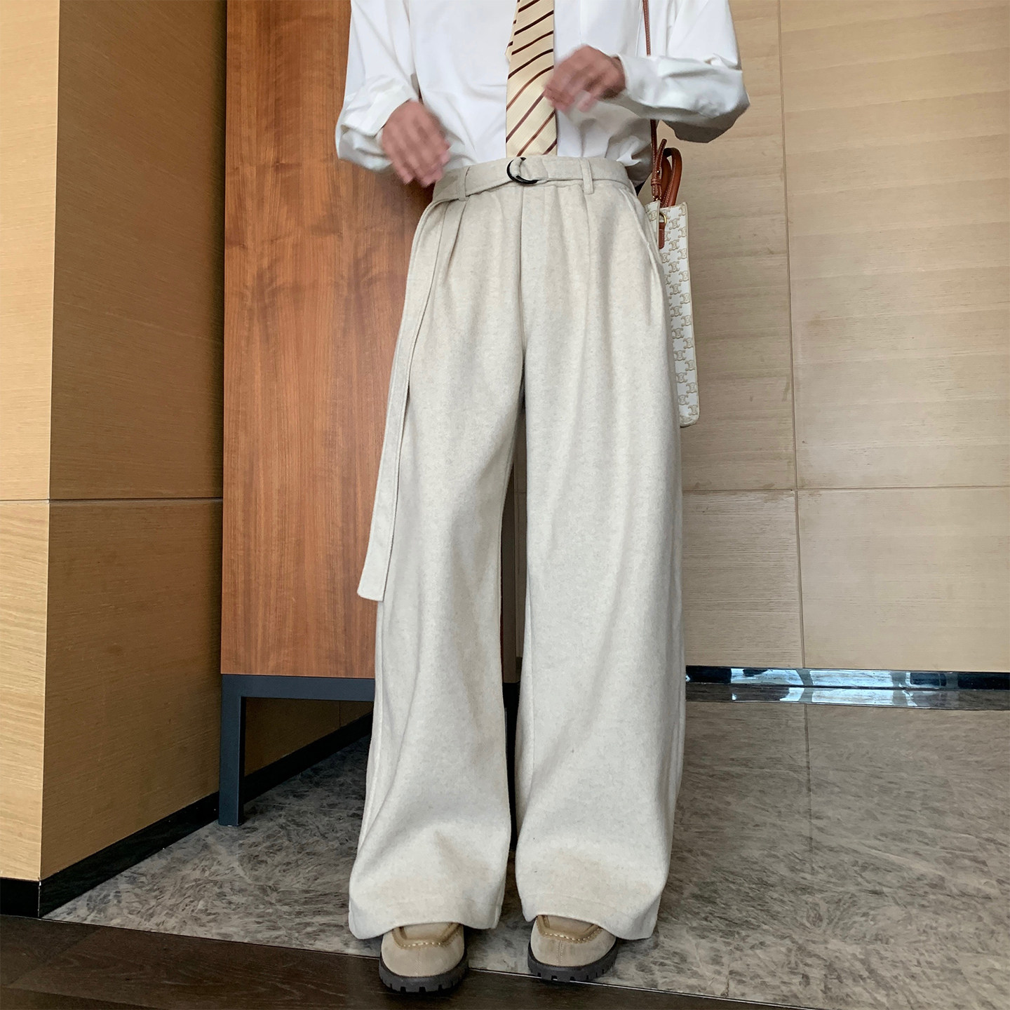 Hualun冬季重磅加厚毛呢休闲裤男装宽松直筒裤子西裤保暖呢子长裤