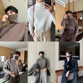 Hualun冬季 高领毛衣男生简约内搭加厚罗纹针织衫 宽松潮流保暖上衣