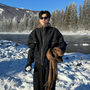高级感保暖棉服 加绒棉衣夹克男韩版 Hualun冬季 牛仔羊羔绒外套男款