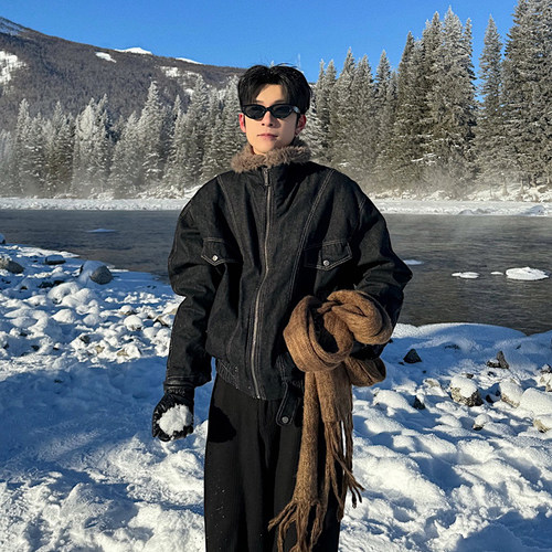 Hualun牛仔羊羔绒棉衣外套