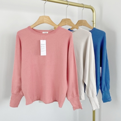 K2145日单新款女装插肩袖圆领针织衫时髦钉珠袖宽松春秋款毛衣