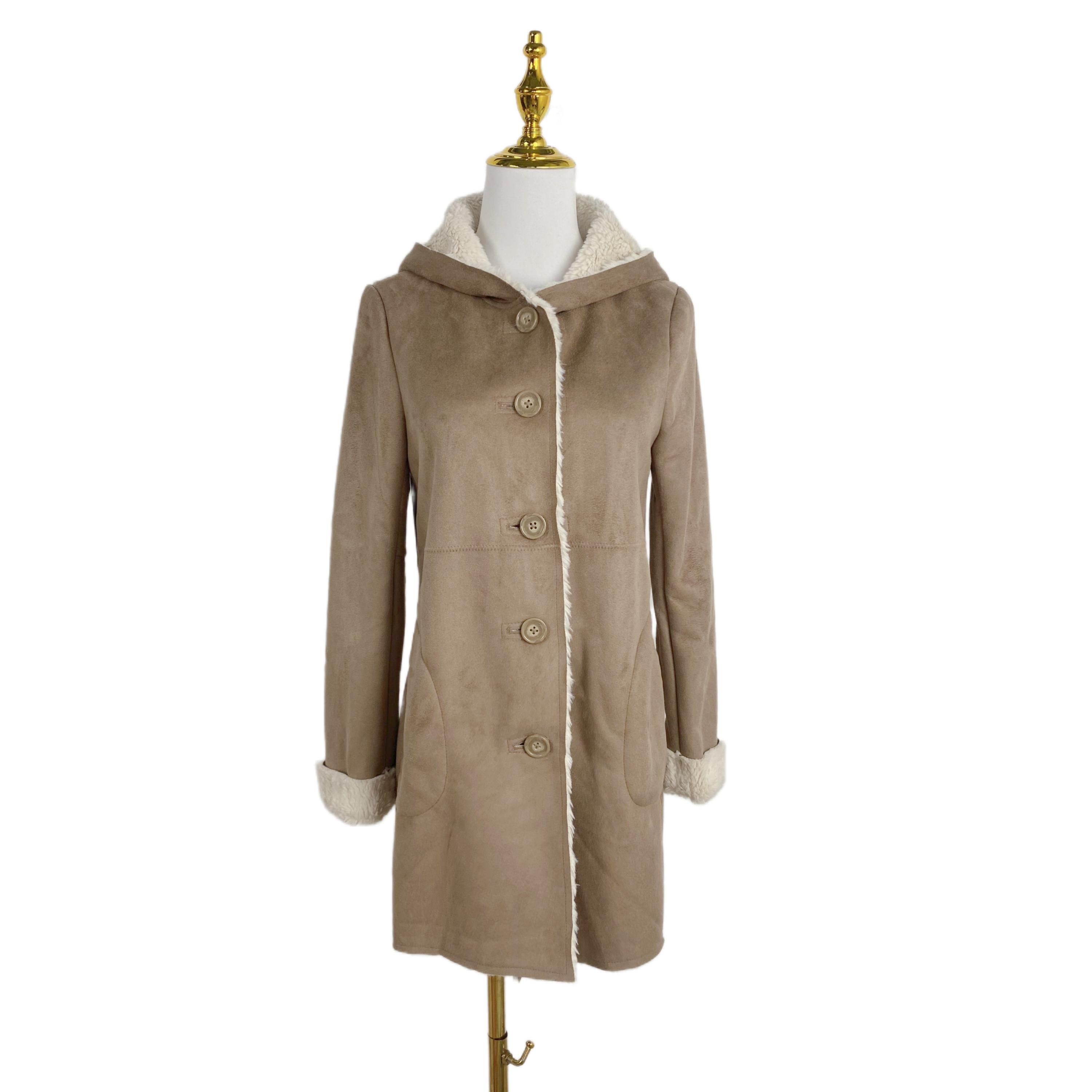 外贸新款女装时尚韩版麂皮绒连帽外套单排扣皮毛一体大衣