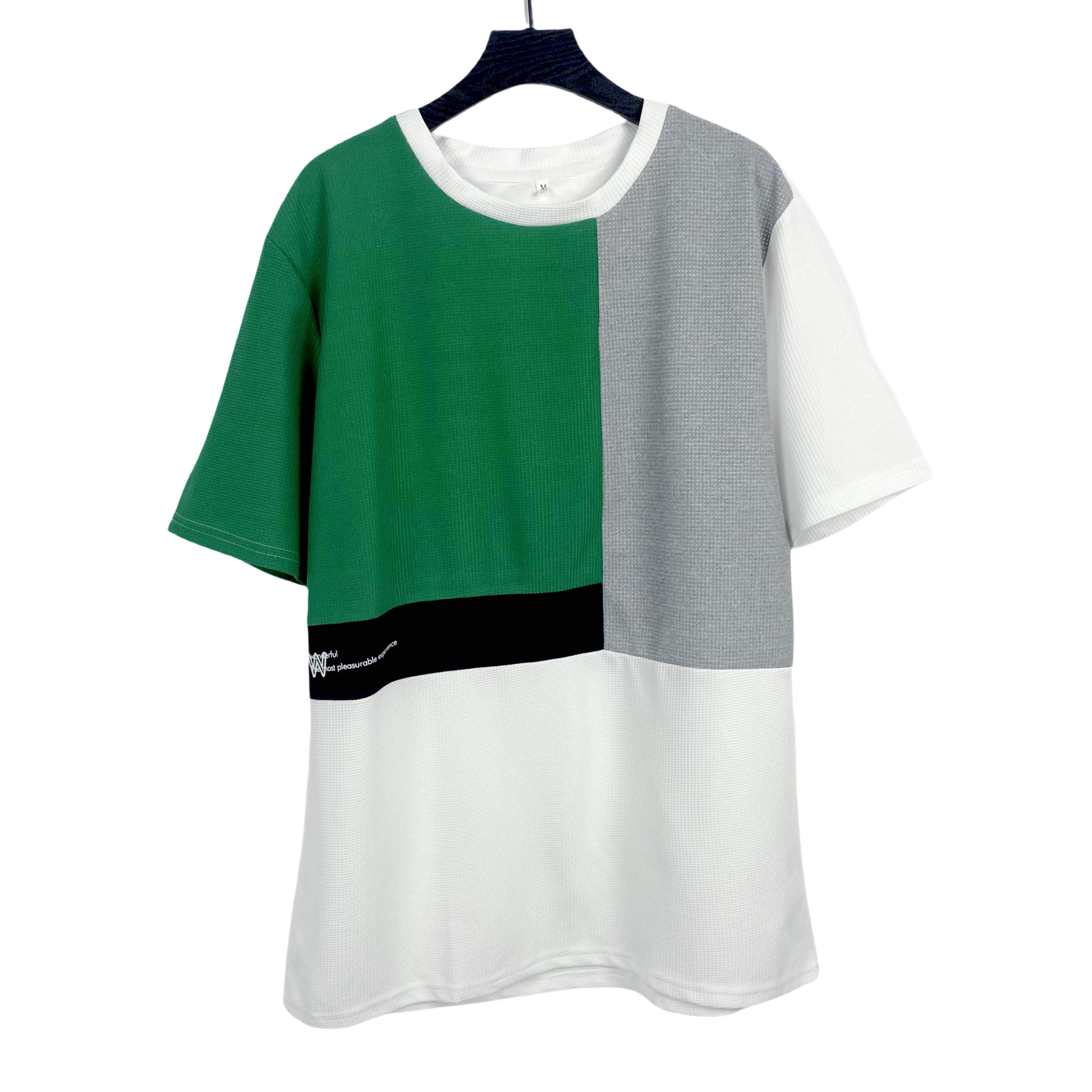 A3116外贸新款男装个性拼色圆领T恤华夫格透气短袖宽松休闲上衣