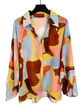 K2109外贸新款女不规则色块印花薄款衬衫宽松雪纺衫轻熟长袖衬衣