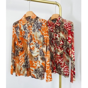 舒适长袖 单排扣翻领妈妈装 衬衣 女时髦印花网纱衬衫 E6089外贸新款