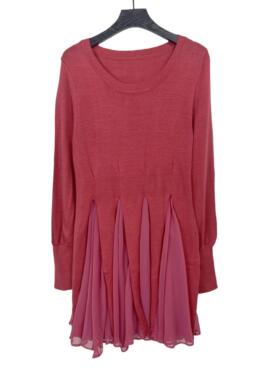 K1021秋季新款女装雪纺拼接针织圆领上衣修身阔摆长袖时尚针织衫